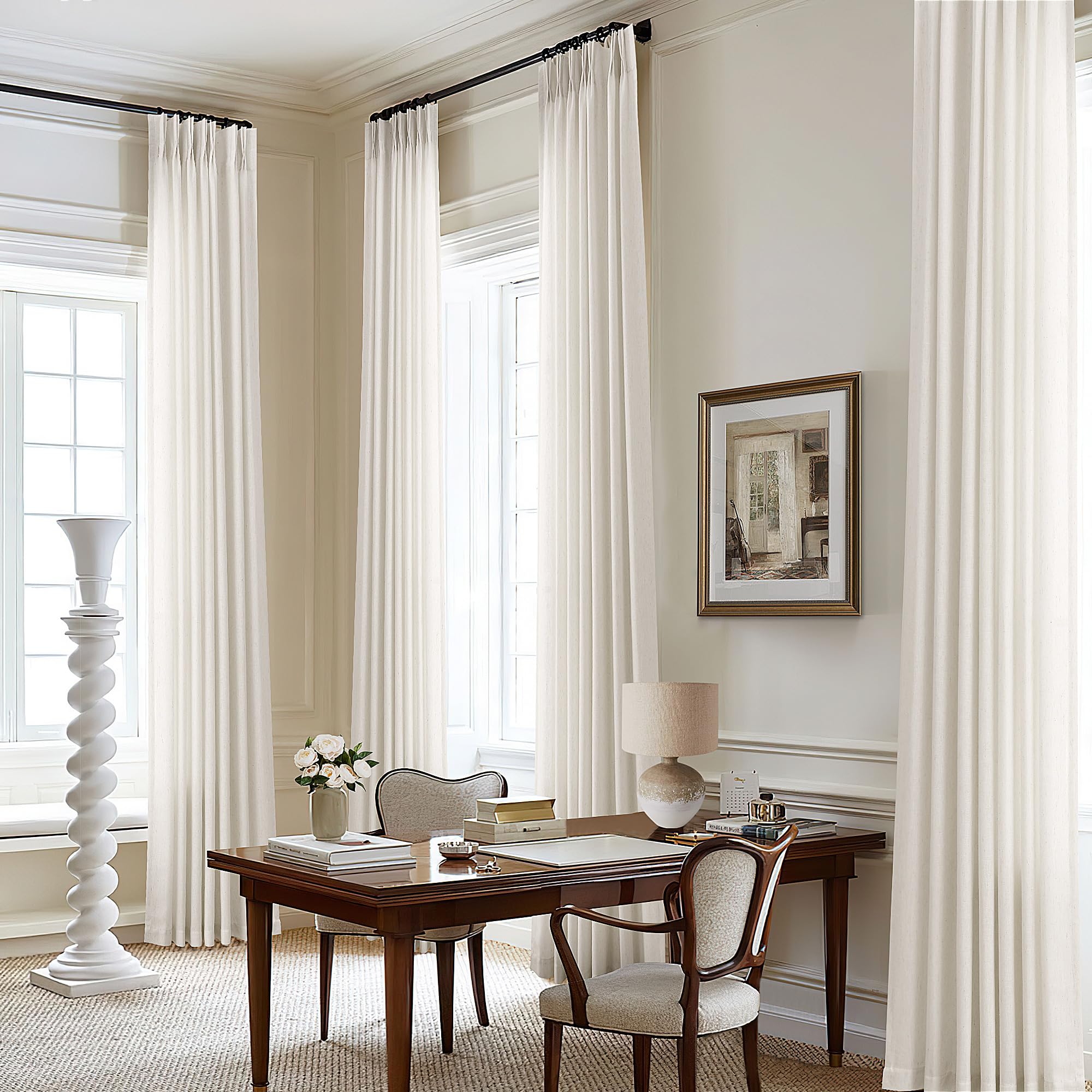 DUKIYO 105-inch cream semi-sheer curtains diffuse daylight for an airy living room.
