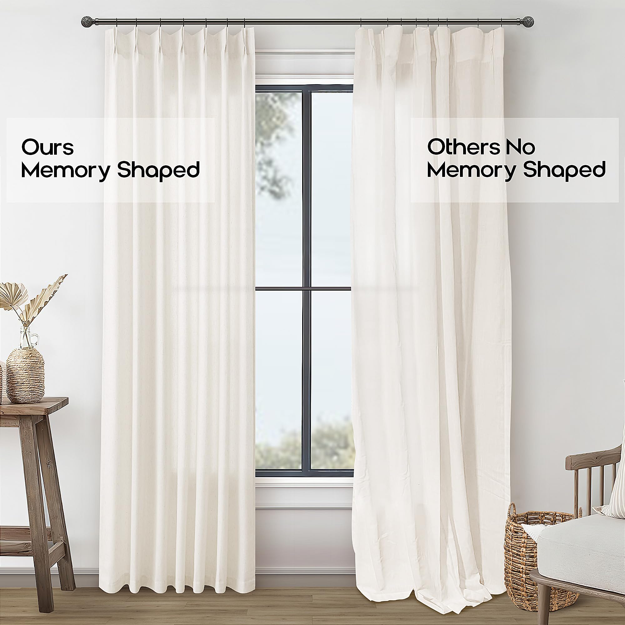 DUKIYO floor-to-ceiling curtains create a tall-window feel.