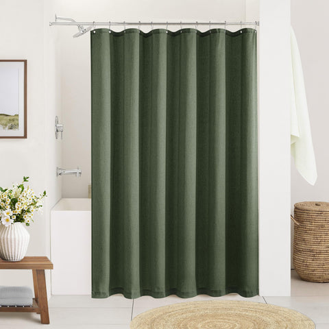DUKIYO Olive Green Linen Shower Curtain texture close-up showing natural fabric detail and color