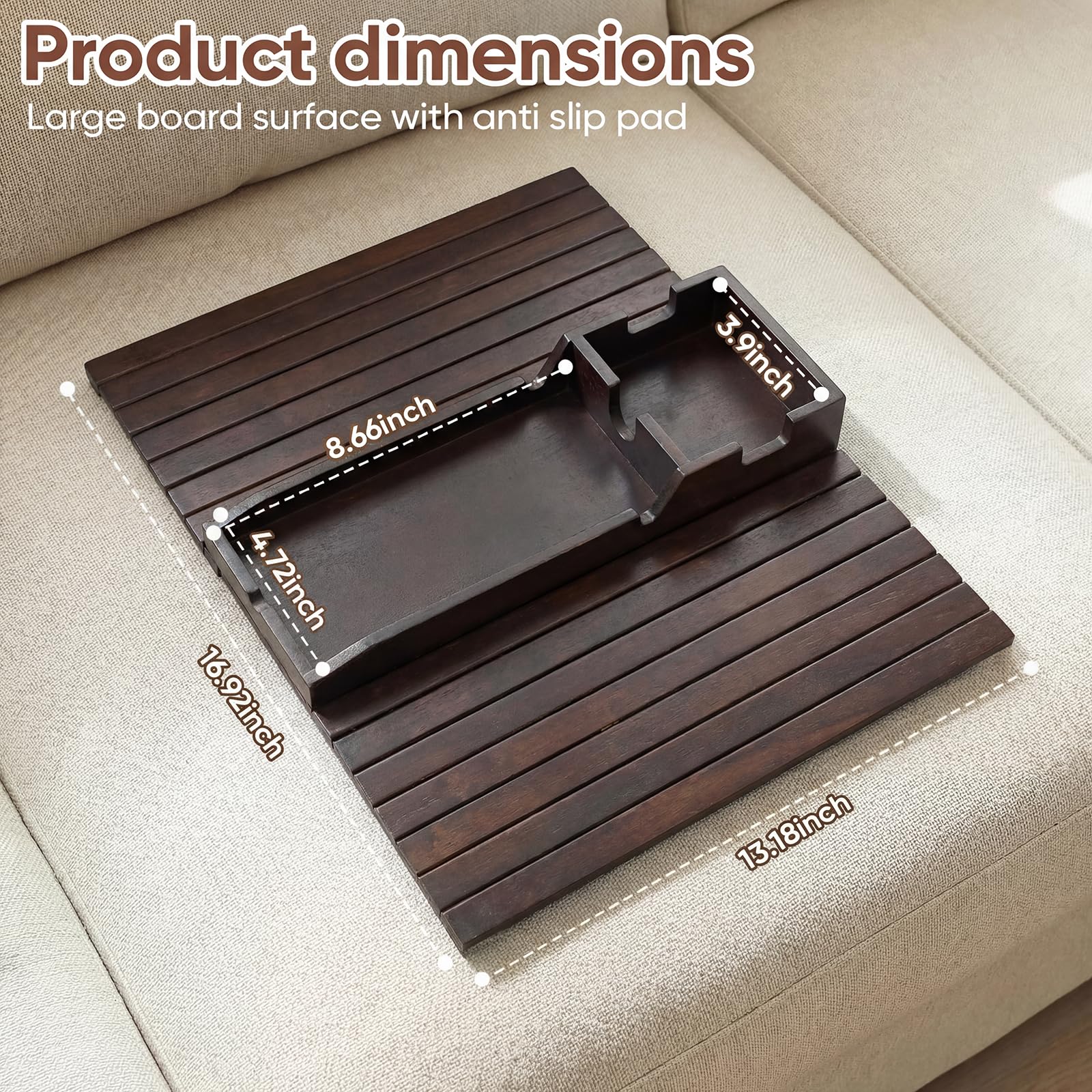 Dumbpec Bamboo Couch Arm Tray Table cup holder close-up for secure beverage placement.