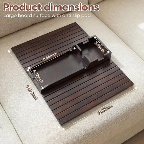 Dumbpec Bamboo Couch Arm Tray Table cup holder close-up for secure beverage placement.
