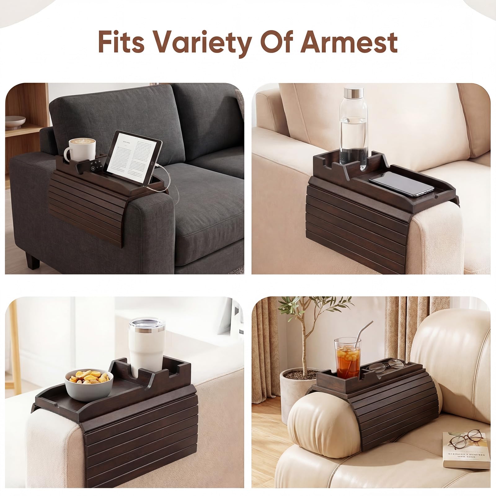 Dumbpec Bamboo Couch Arm Tray Table eco-friendly bamboo finish complements modern living rooms.