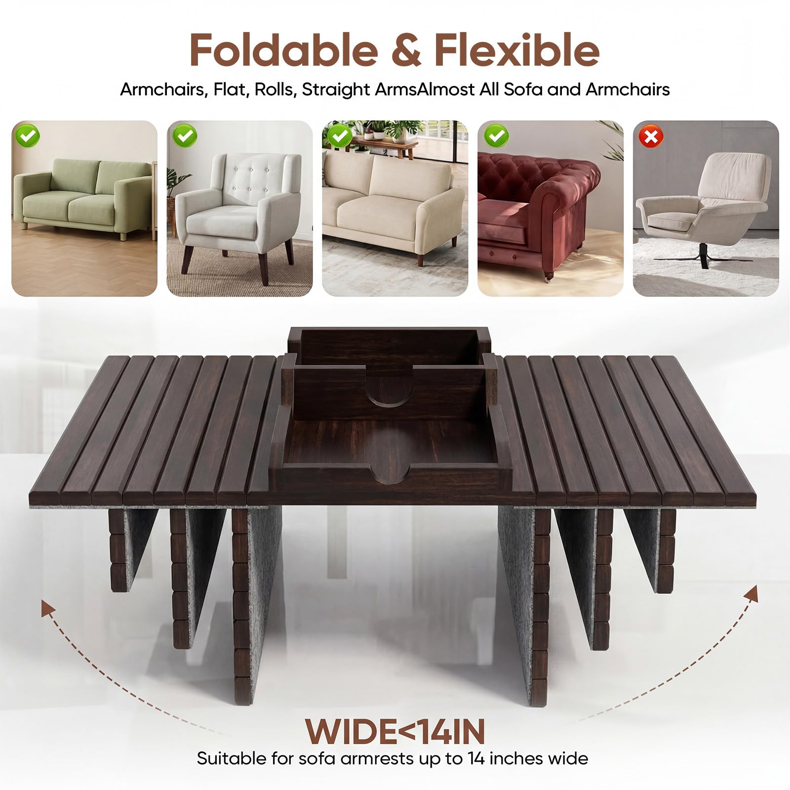 Dumbpec Bamboo Couch Arm Tray Table in use on a recliner, keeping essentials at hand.