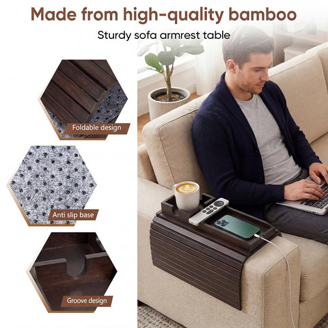 Dumbpec Bamboo Couch Arm Tray Table remote groove design reduces rolling during use.