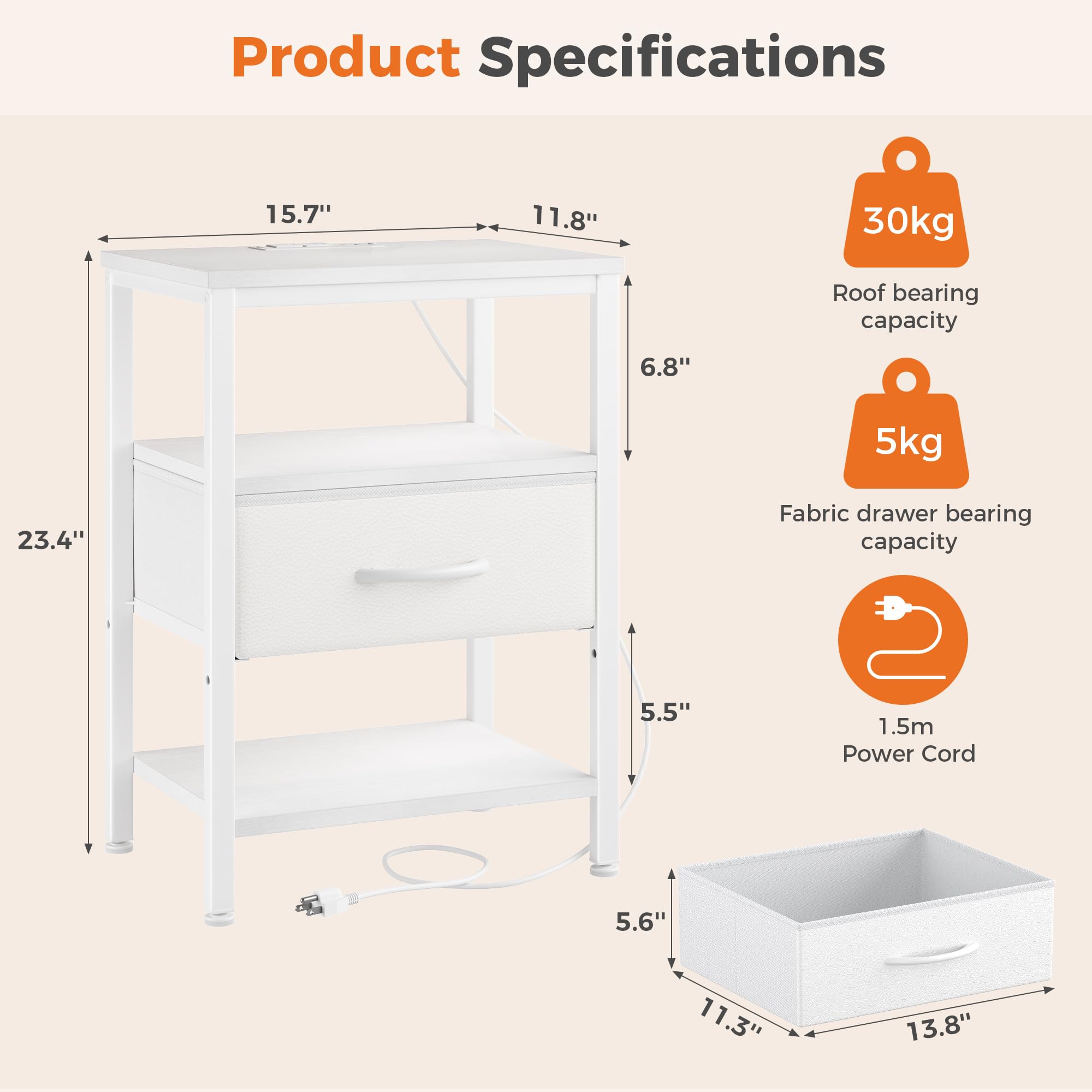 DUMOS 3-tier white nightstand maximizes compact storage beside the bed.