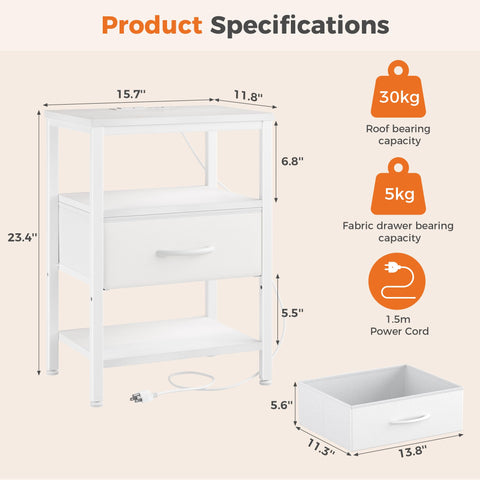 DUMOS 3-tier white nightstand maximizes compact storage beside the bed.