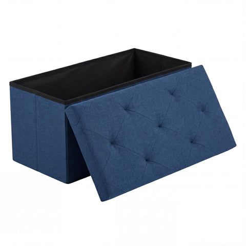 DUMOS blue 30in storage ottoman with padded seat for seating and hidden storage.