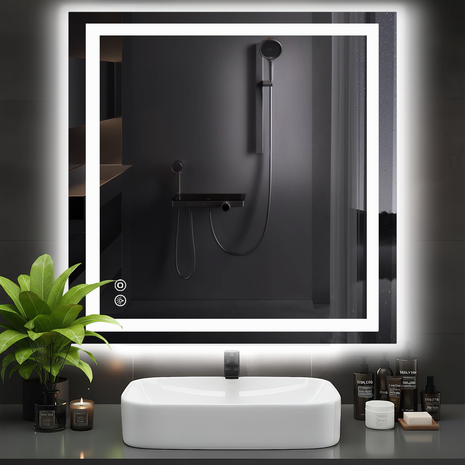 DUMOS 36x36 LED mirror anti-fog in action for clear post-shower reflection.
