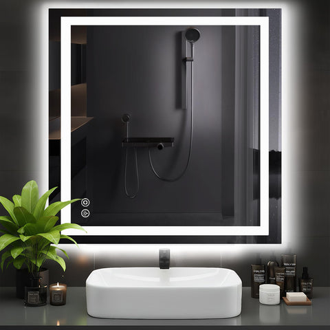 DUMOS 36x36 LED mirror anti-fog in action for clear post-shower reflection.