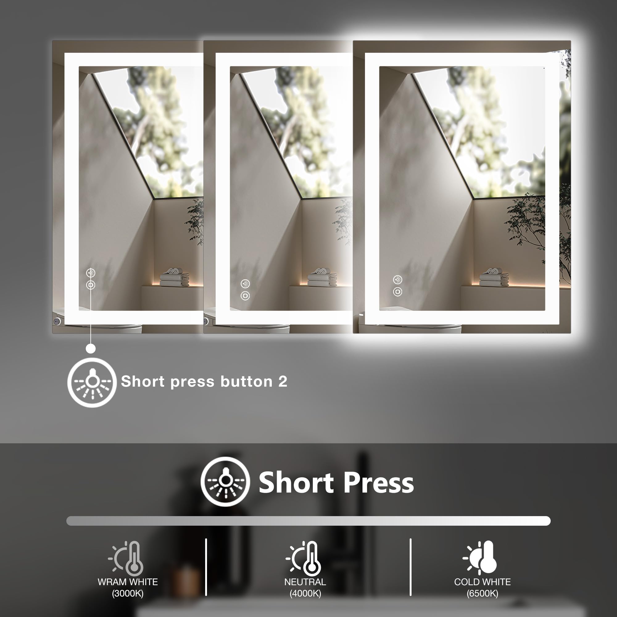 DUMOS mirror showing color temperature options for makeup accuracy.