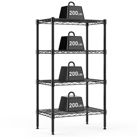 DUMOS 4-Tier metal wire shelf in black - front view shows sturdy storage.