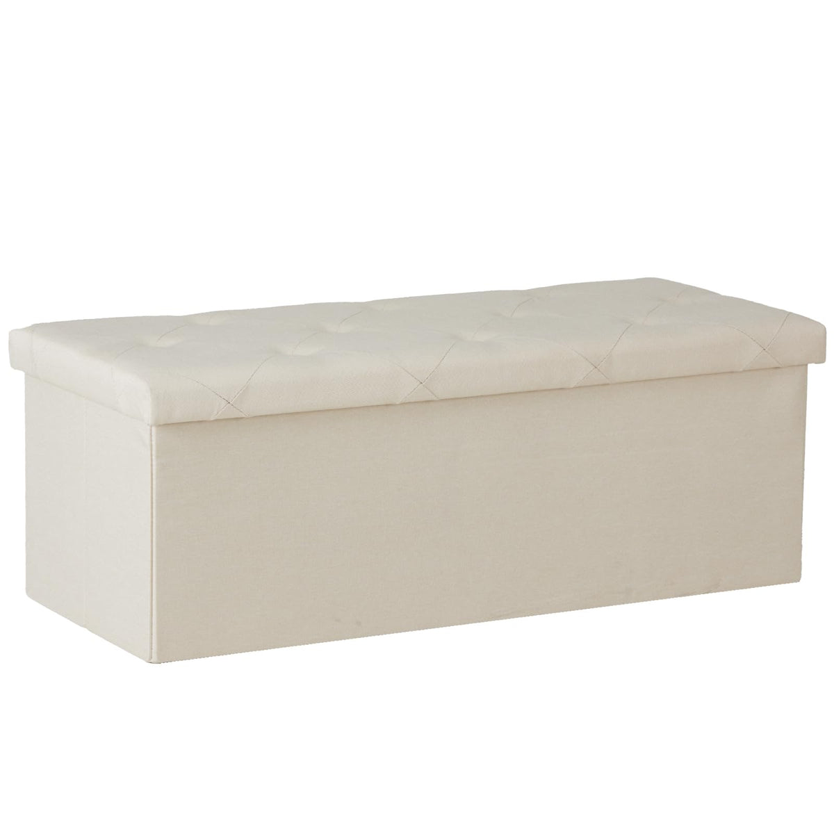 DUMOS 43in foldable ottoman bench closed shows sturdy frame and ample hidden storage