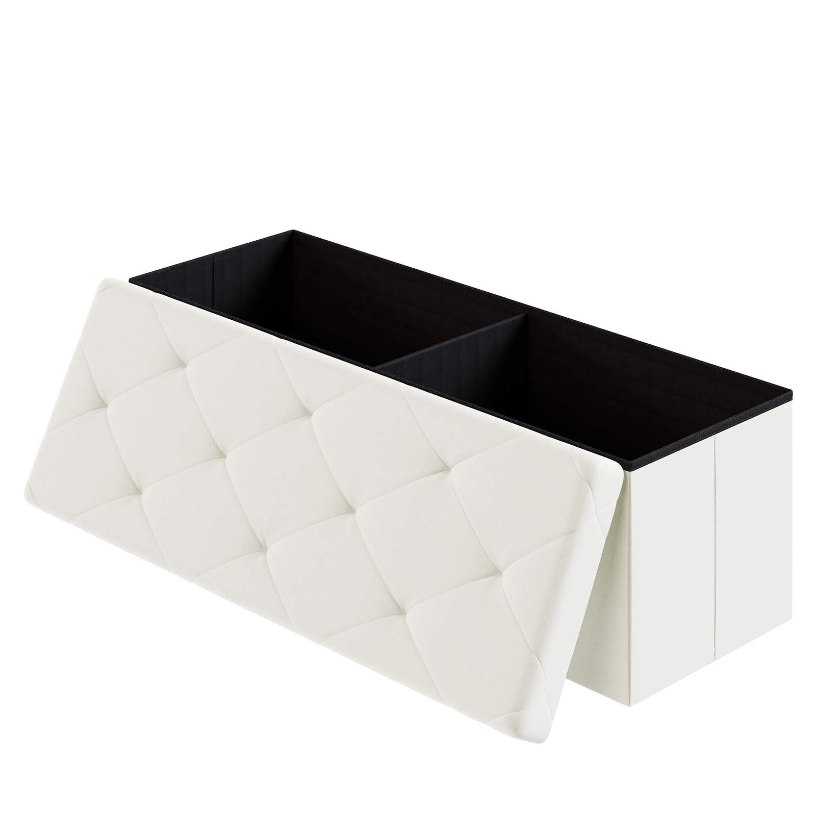 DUMOS 43-inch beige folding ottoman with storage provides sturdy seating.