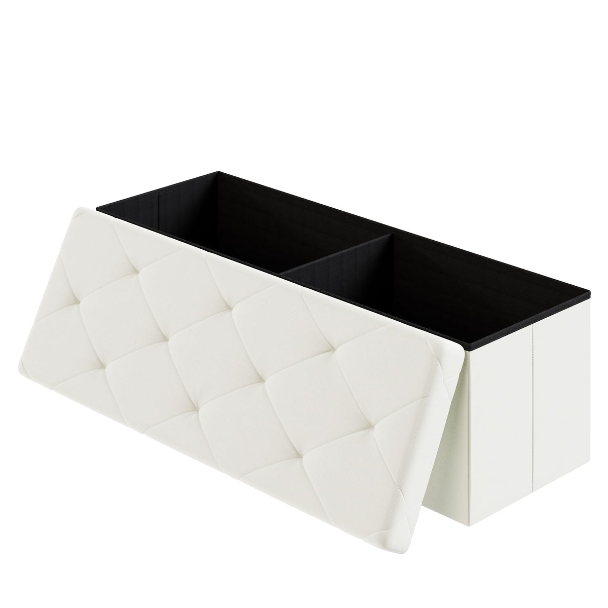 DUMOS 43-inch beige folding ottoman with storage provides sturdy seating.