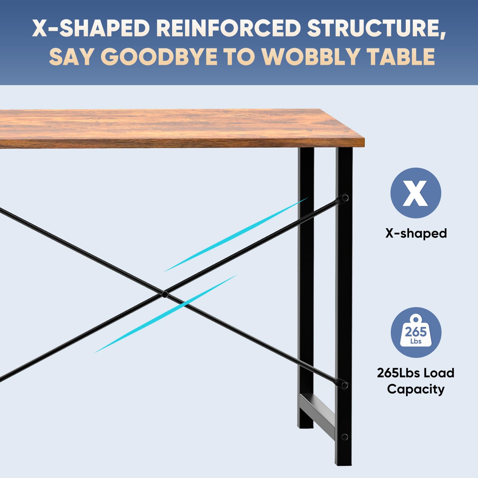 DUMOS desk close-up of legs highlights heavy-duty square tube support.