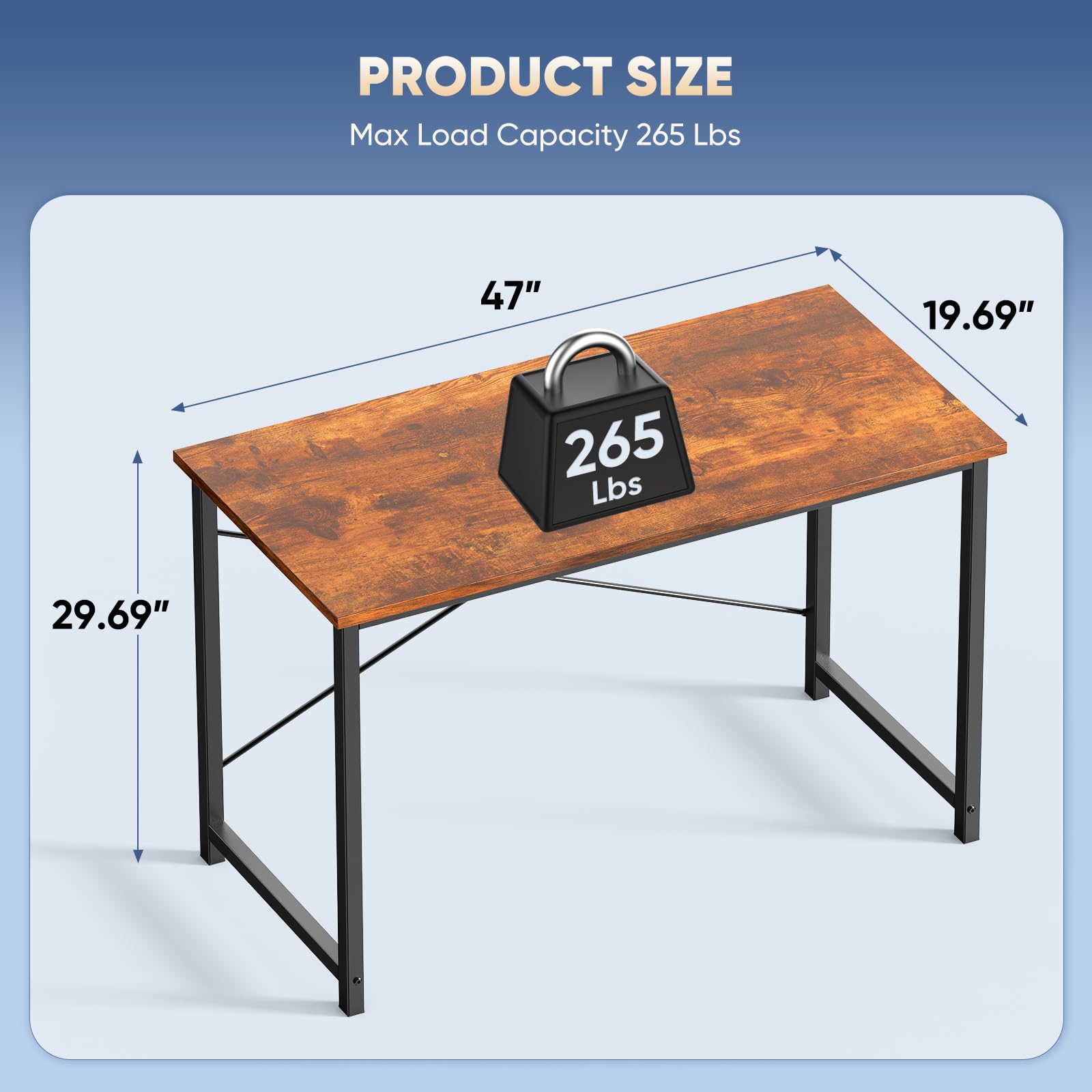 DUMOS 47 inch desk front view shows clean lines and sturdy profile for home offices.