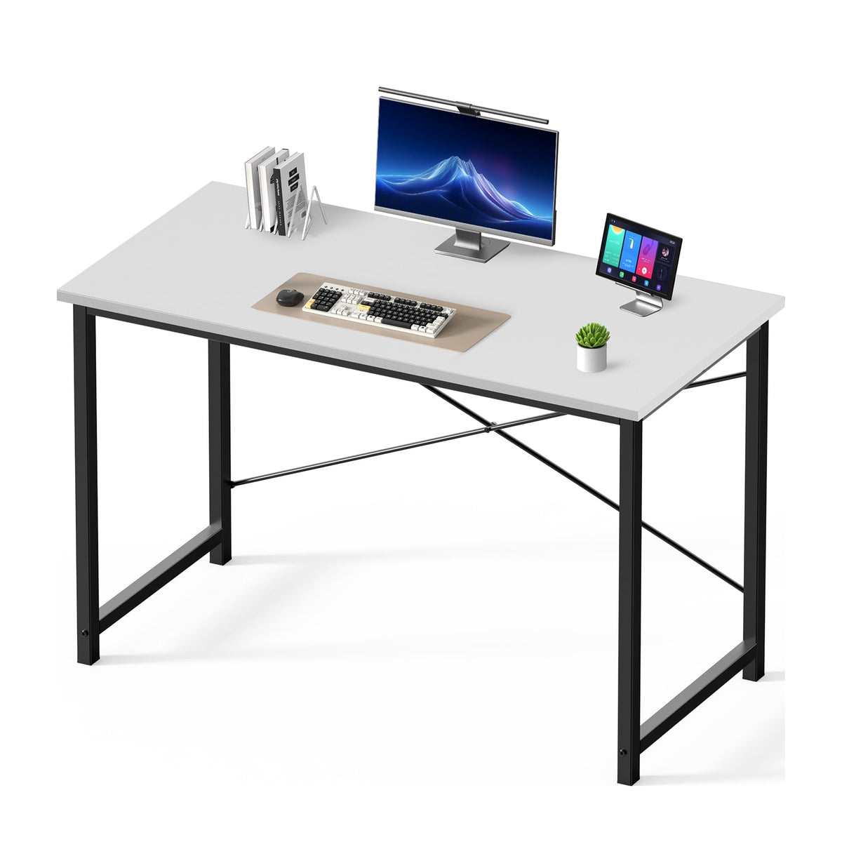 DUMOS 47-inch desk front view with scratch-resistant surface for daily work.