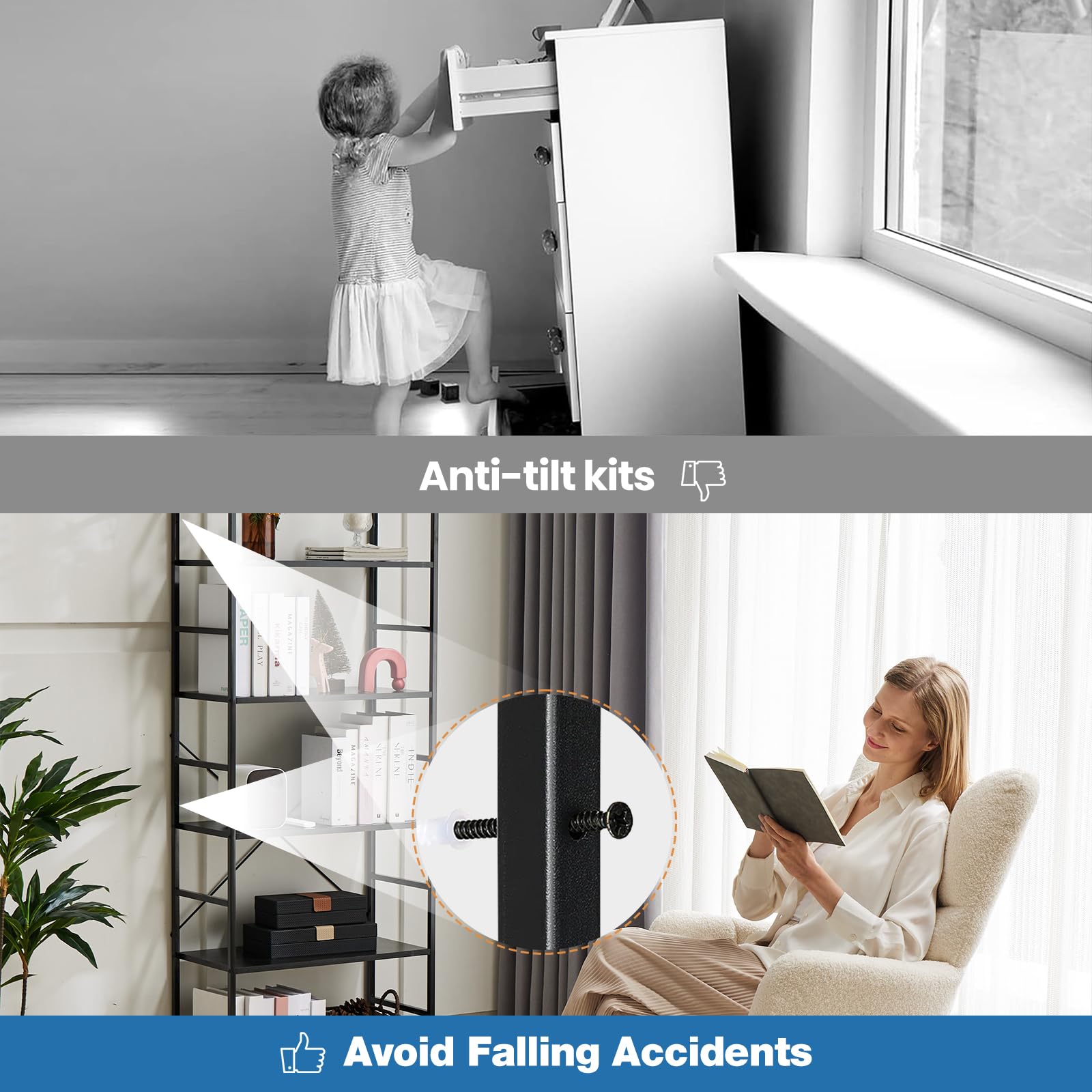 DUMOS 5-Tier bookshelf assembly demonstrates straightforward setup with video guide.