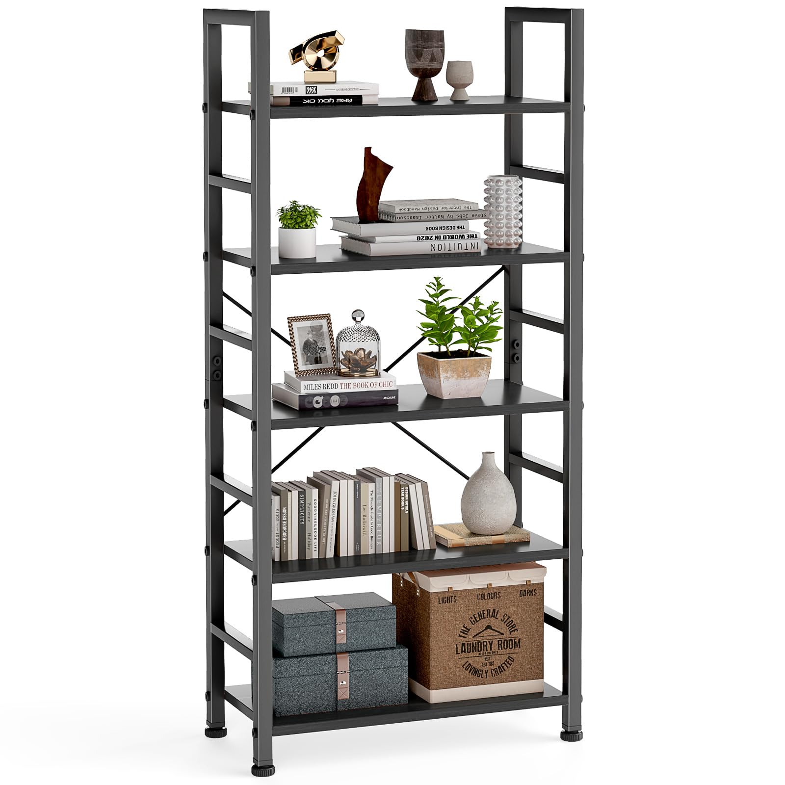DUMOS 5-Tier bookshelf front view shows tall black storage for books.