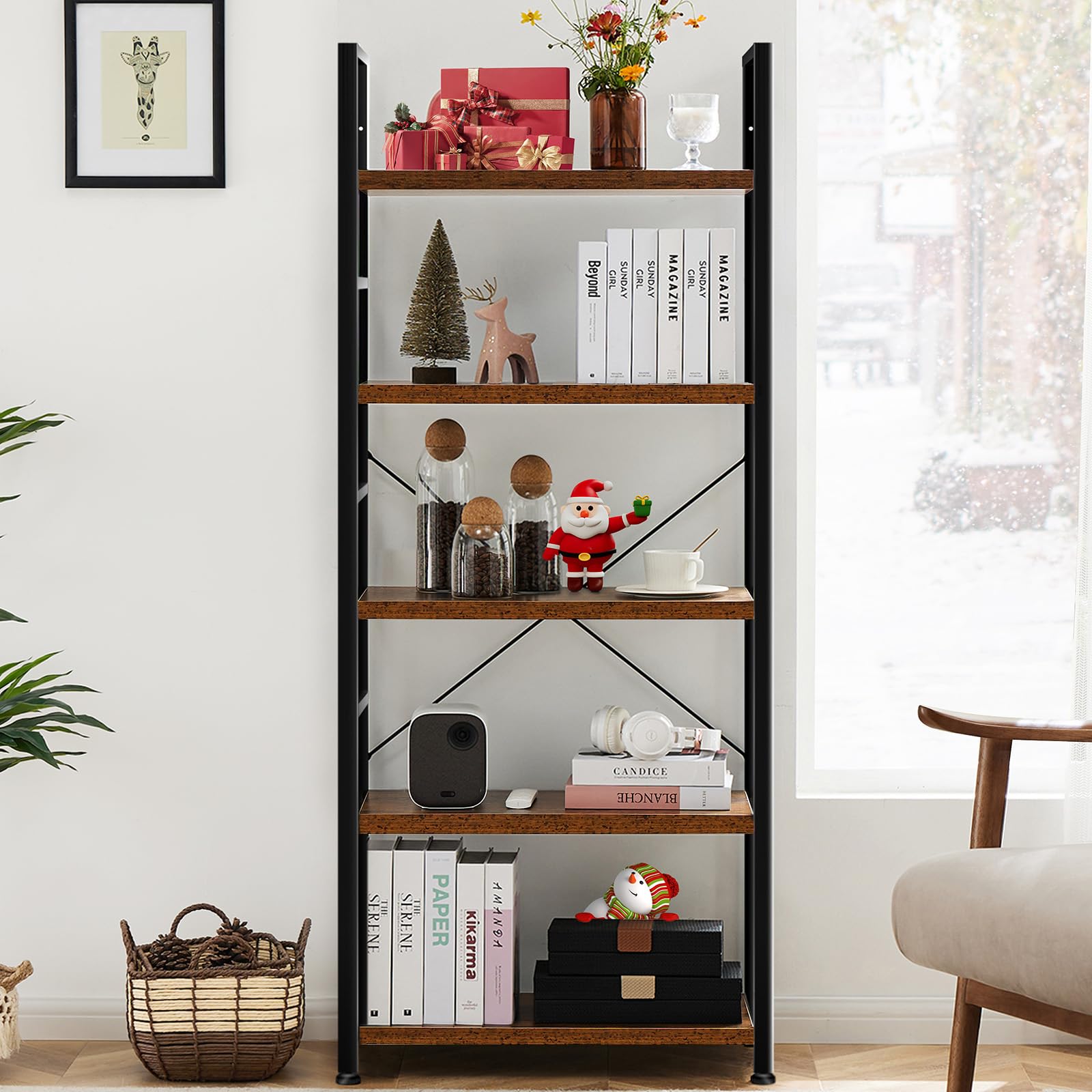 DUMOS 5-Tier bookshelf in living room shows modern black display.
