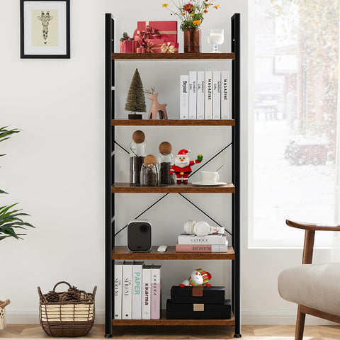 DUMOS 5-Tier bookshelf in living room shows modern black display.