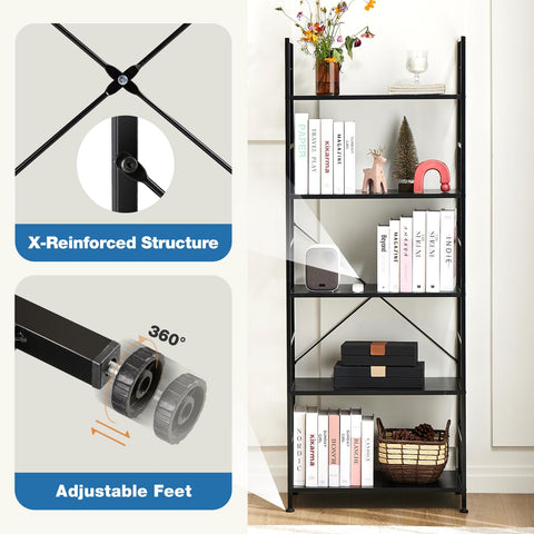 DUMOS 5-Tier bookshelf side view highlights slim profile for tight spaces.