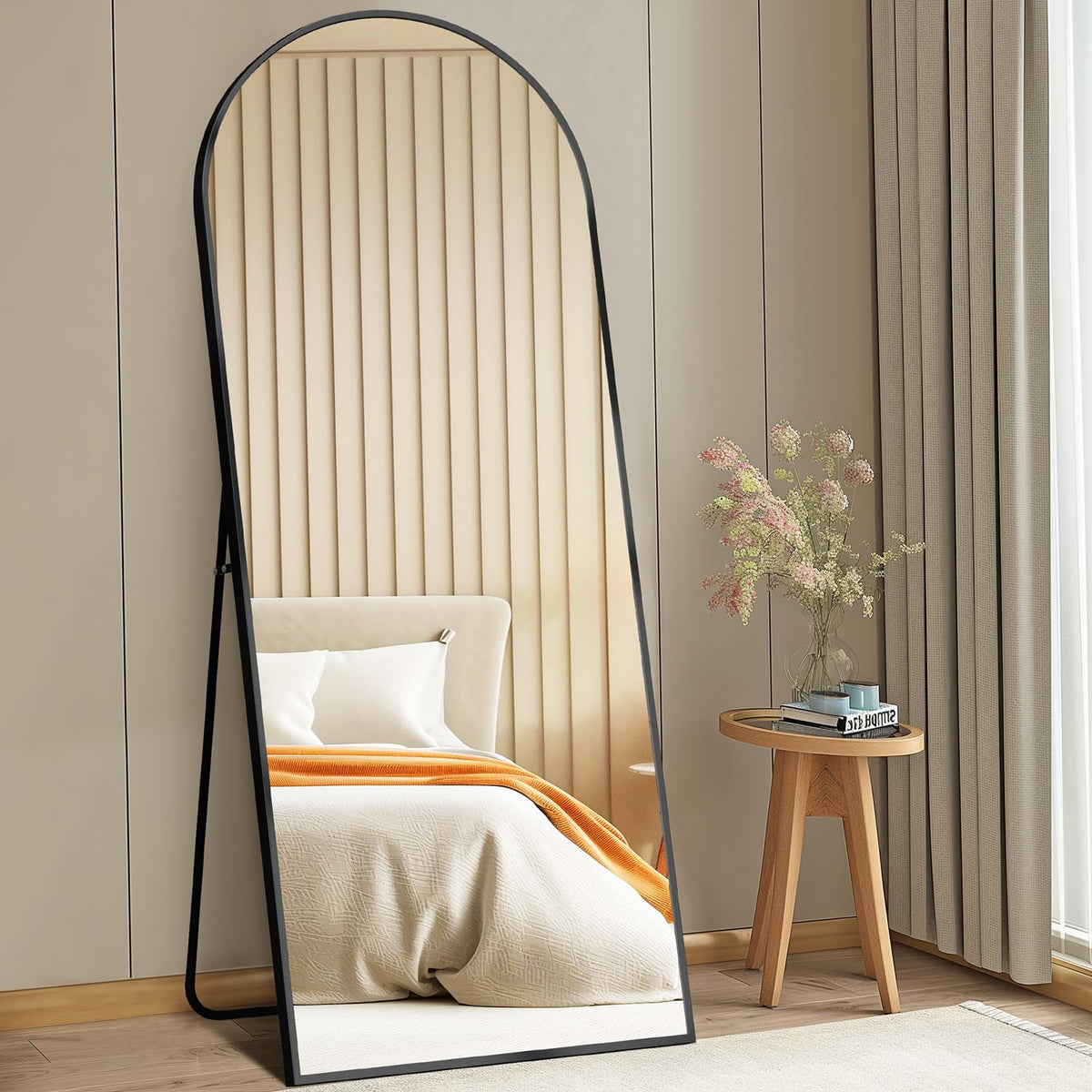 DUMOS 63x20 arched mirror, front view, showcasing a wide full-body reflection for outfits