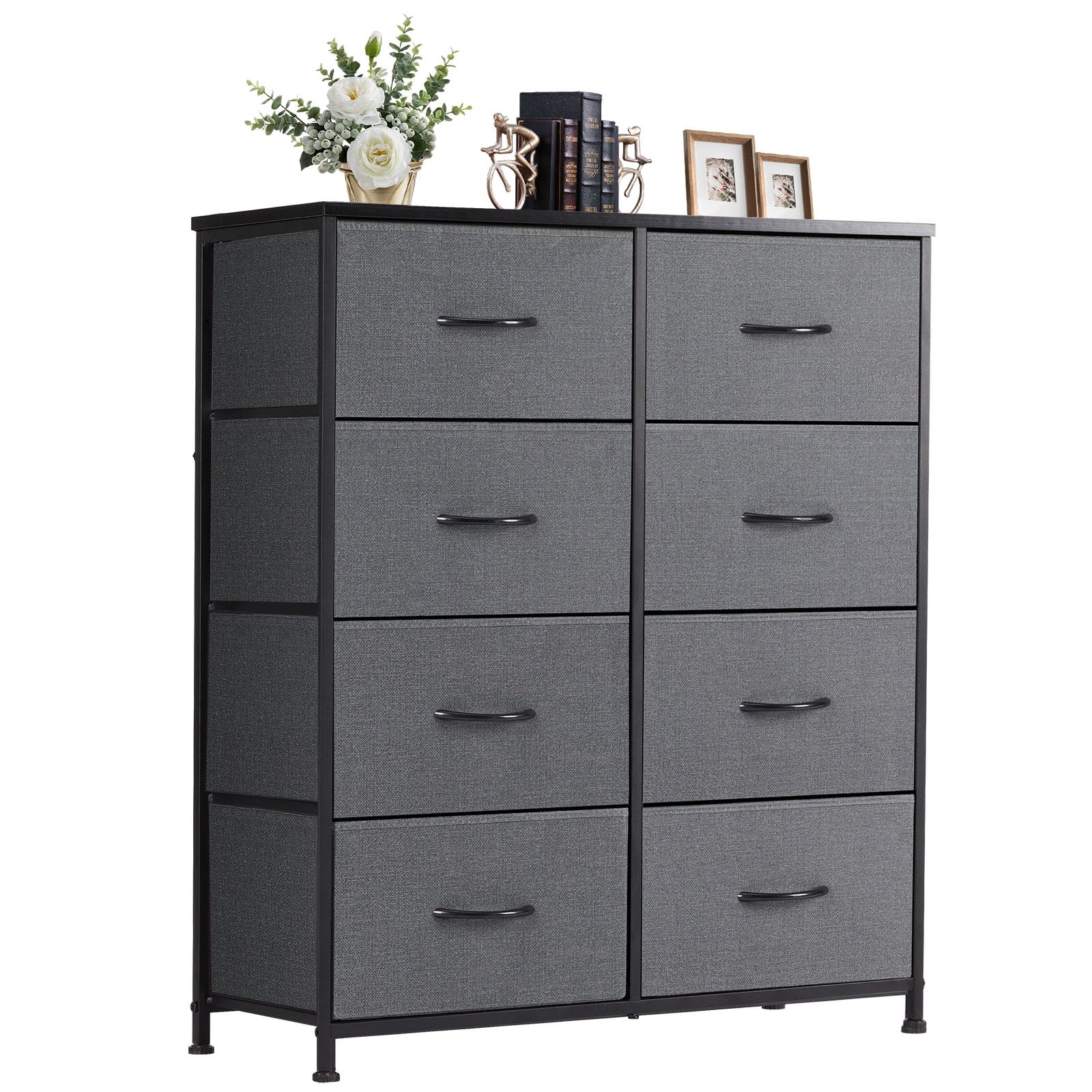 DUMOS 8-drawer dresser with grey fabric and wooden top for stylish bedroom storage