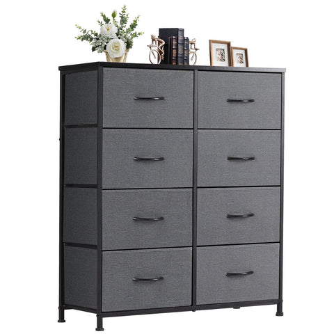 DUMOS 8-drawer dresser with grey fabric and wooden top for stylish bedroom storage