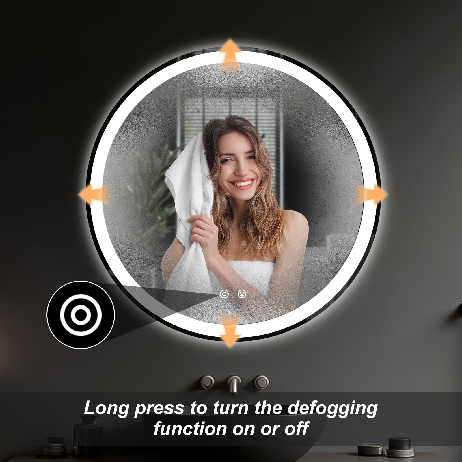 DUMOS anti-fog bathroom mirror feature keeps reflections clear after showers