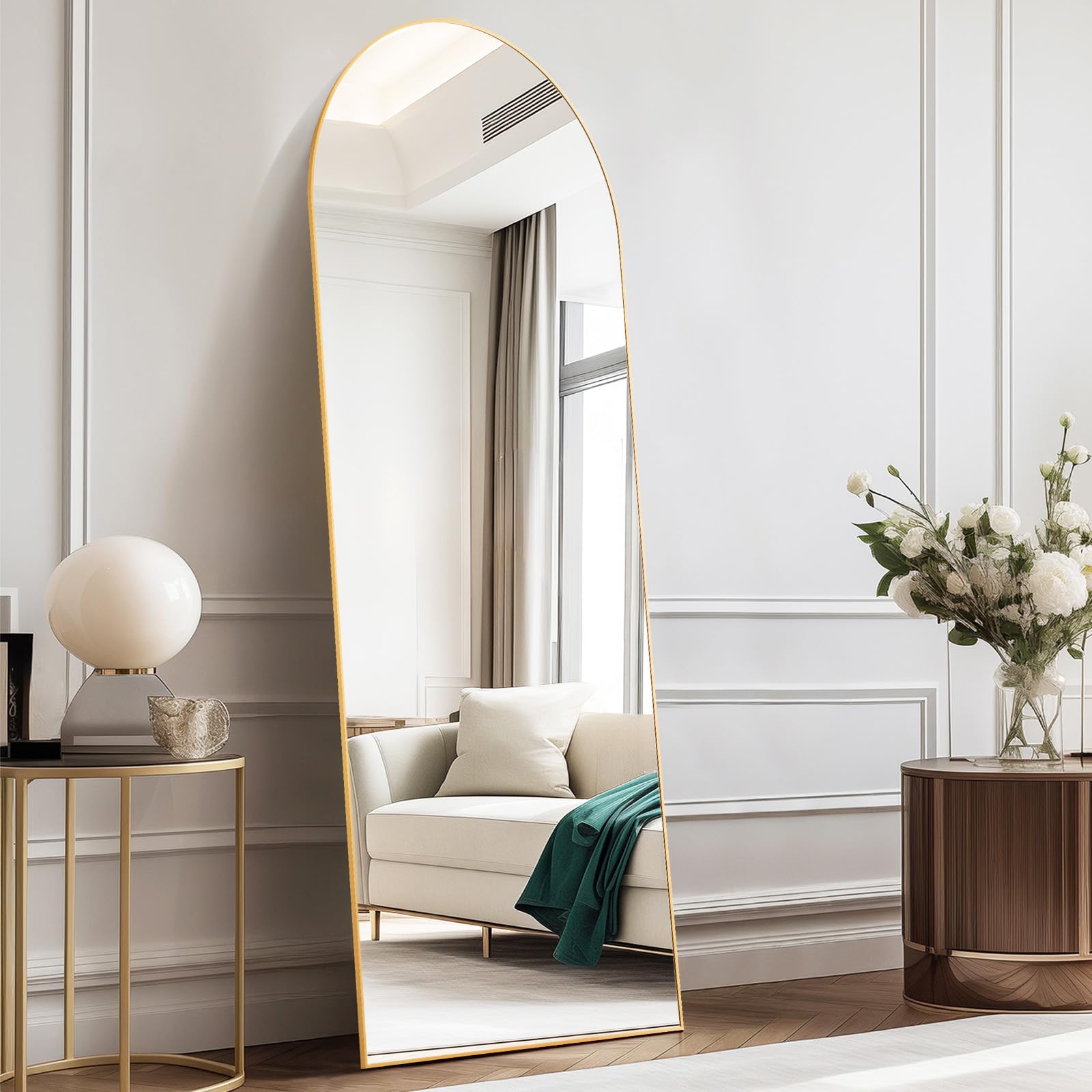 DUMOS arched full-length mirror with gold frame on a stand for versatile room setup