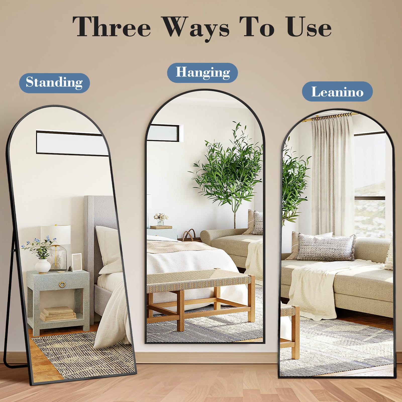 DUMOS arched full-length mirror leaning against a wall saves space and coordinates room decor.