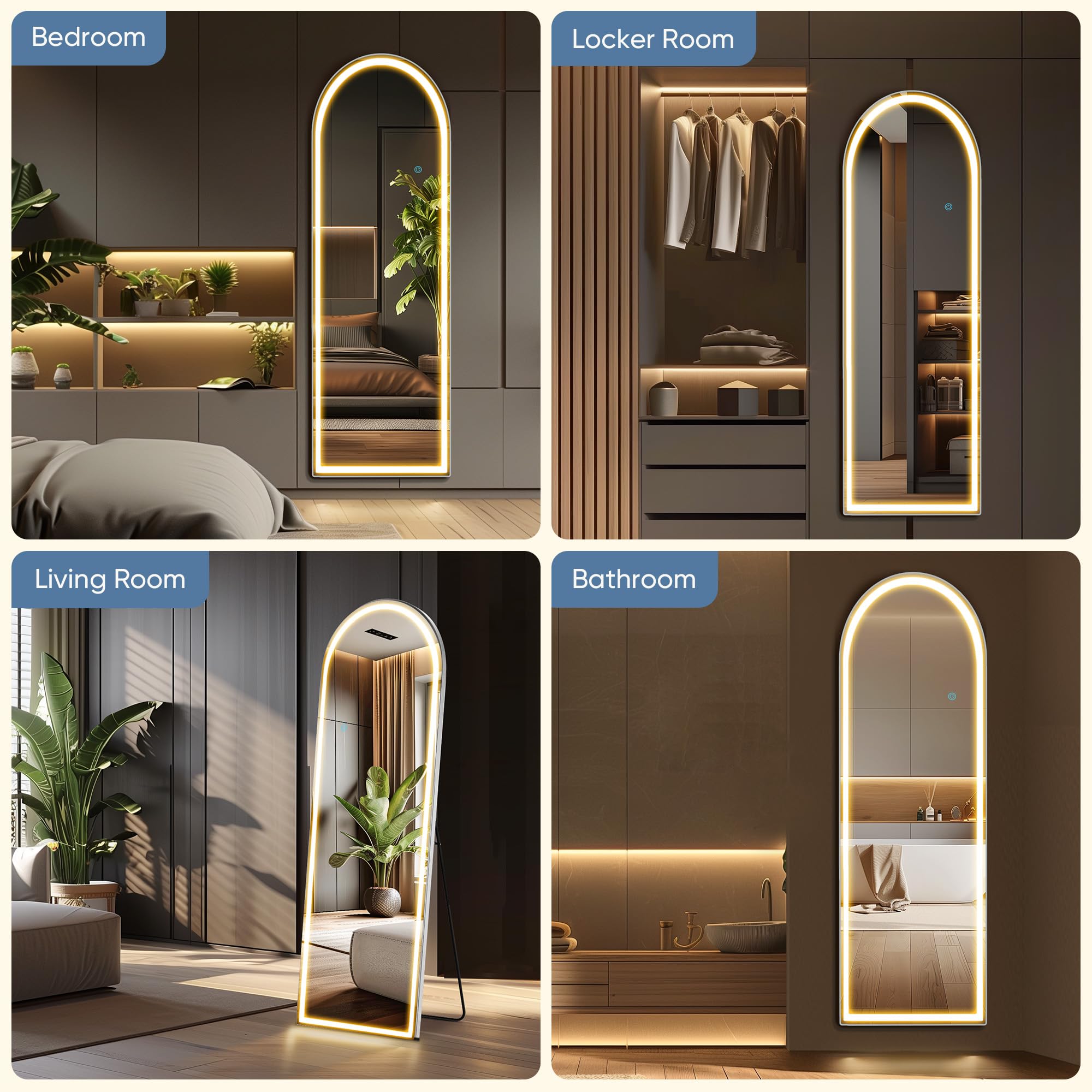 DUMOS full-length mirror reflection in a dressing room setup under soft LED glow.