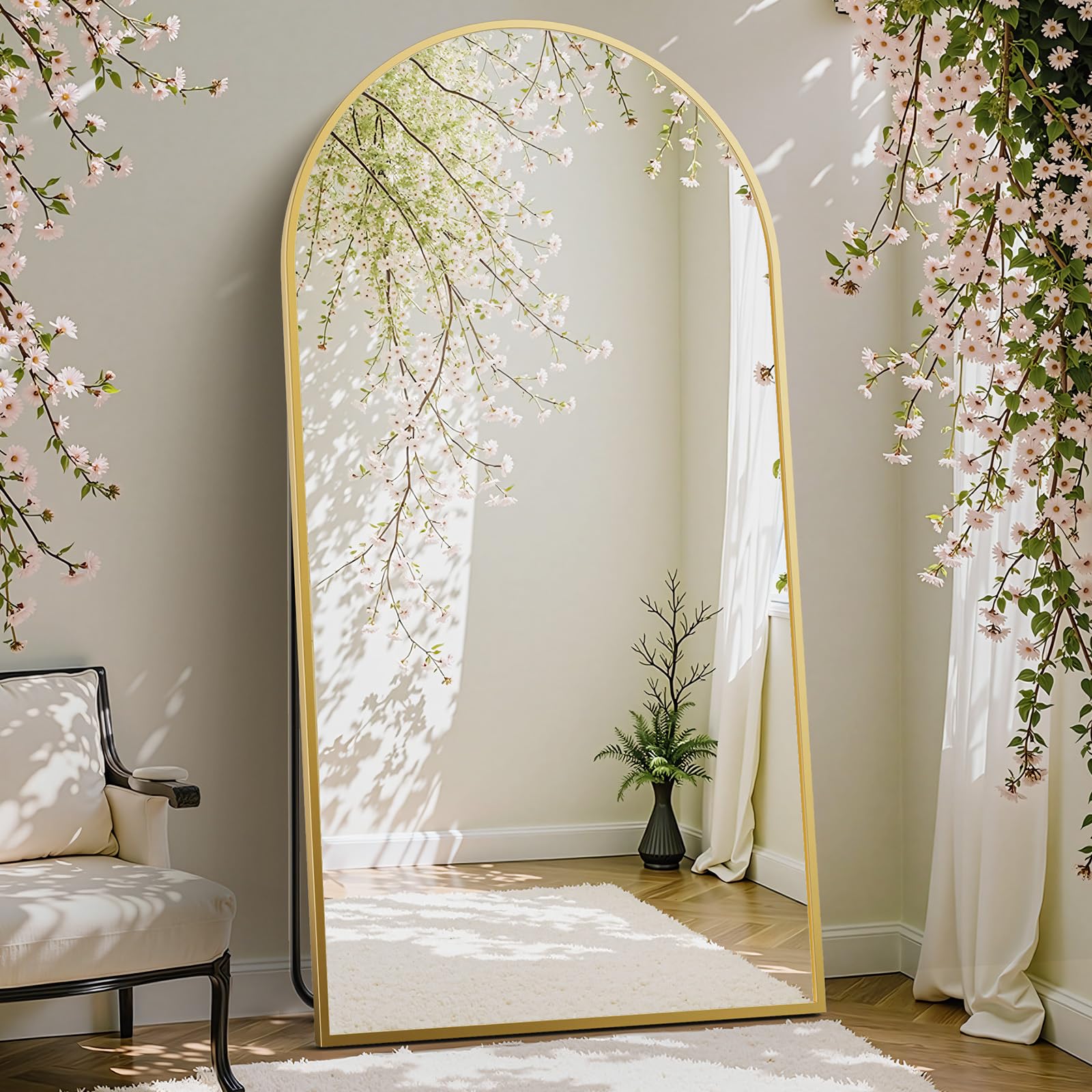 DUMOS arched full-length mirror on a stand in a bedroom for outfit checks