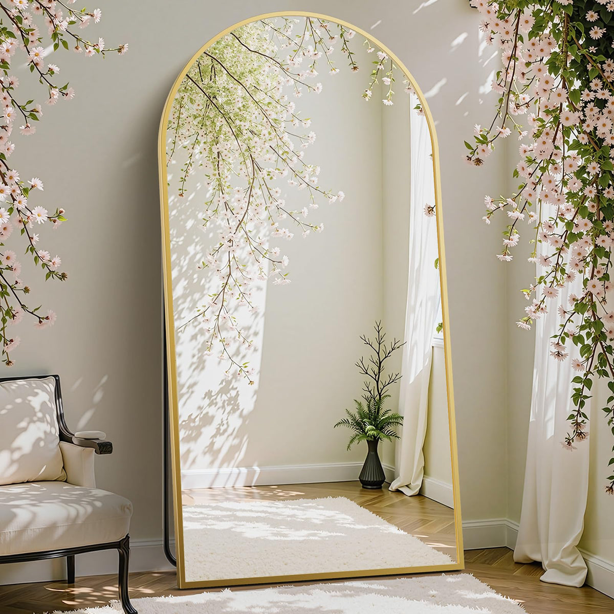 DUMOS arched full-length mirror on a stand in a bedroom for outfit checks