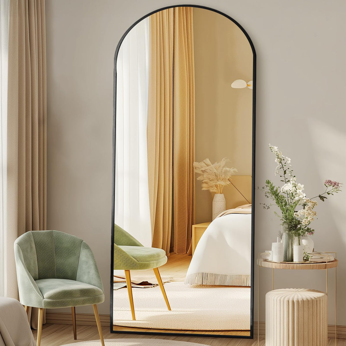 DUMOS arched full-length mirror with stand offers a clear head-to-toe reflection for outfit checks.