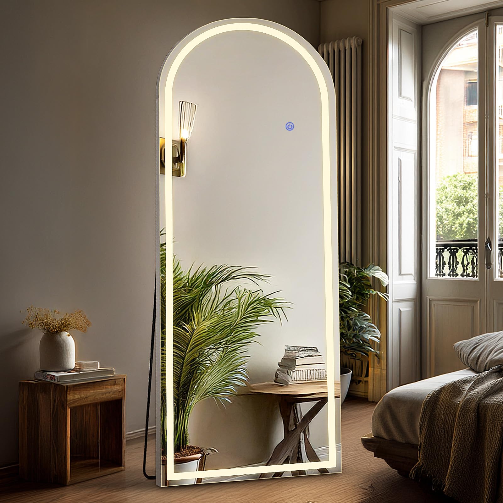 DUMOS arched full-length mirror top detail with LED lighting for precise outfit checks.