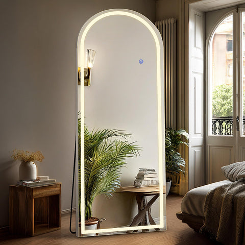 DUMOS arched full-length mirror top detail with LED lighting for precise outfit checks.