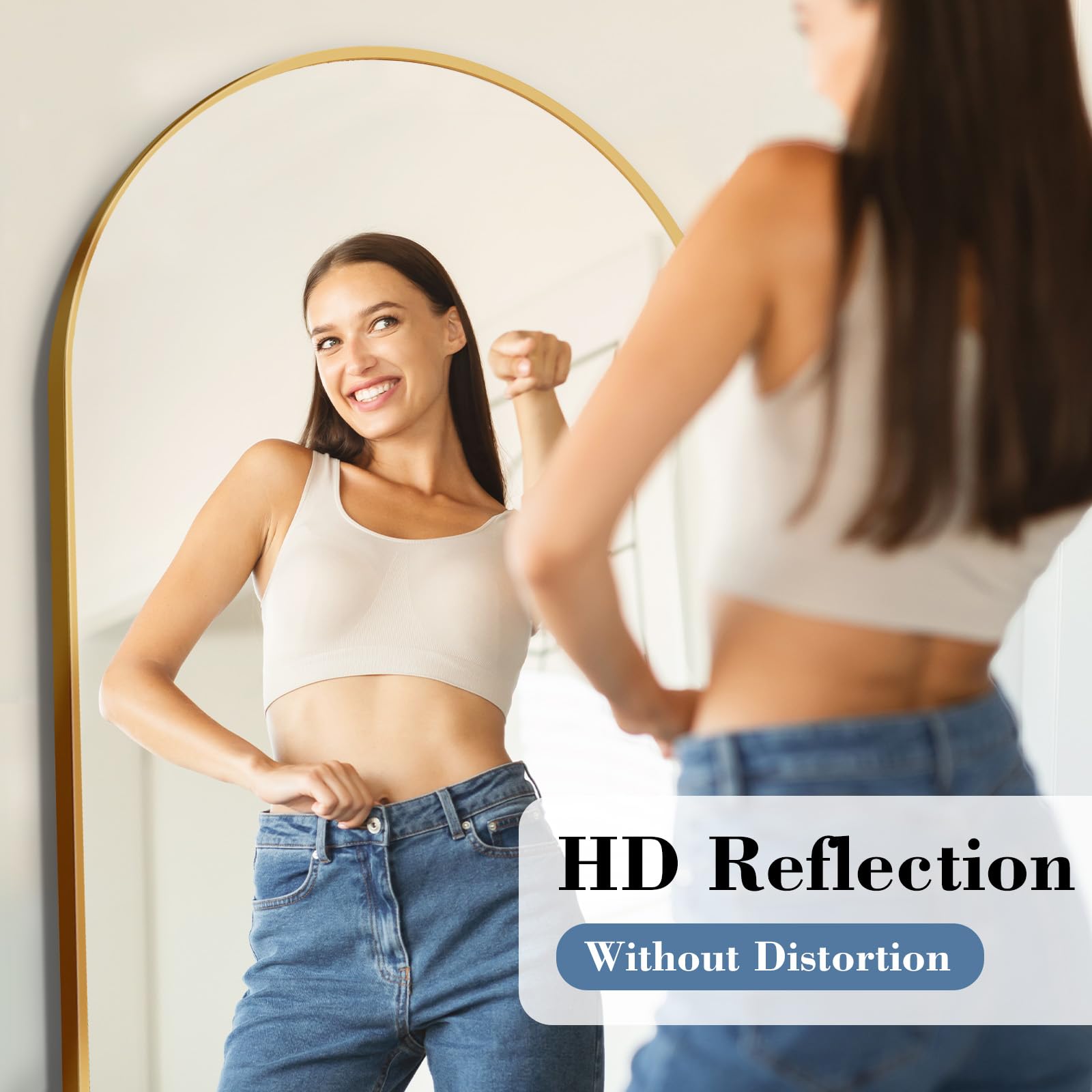 DUMOS arched full-length mirror leaning against wall for space-saving decor