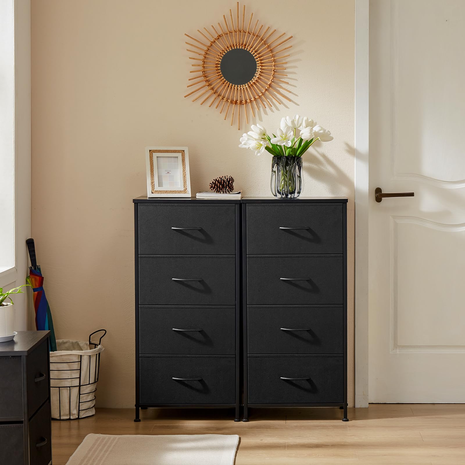 DUMOS bedroom setup with wood top and fabric bins for versatile storage
