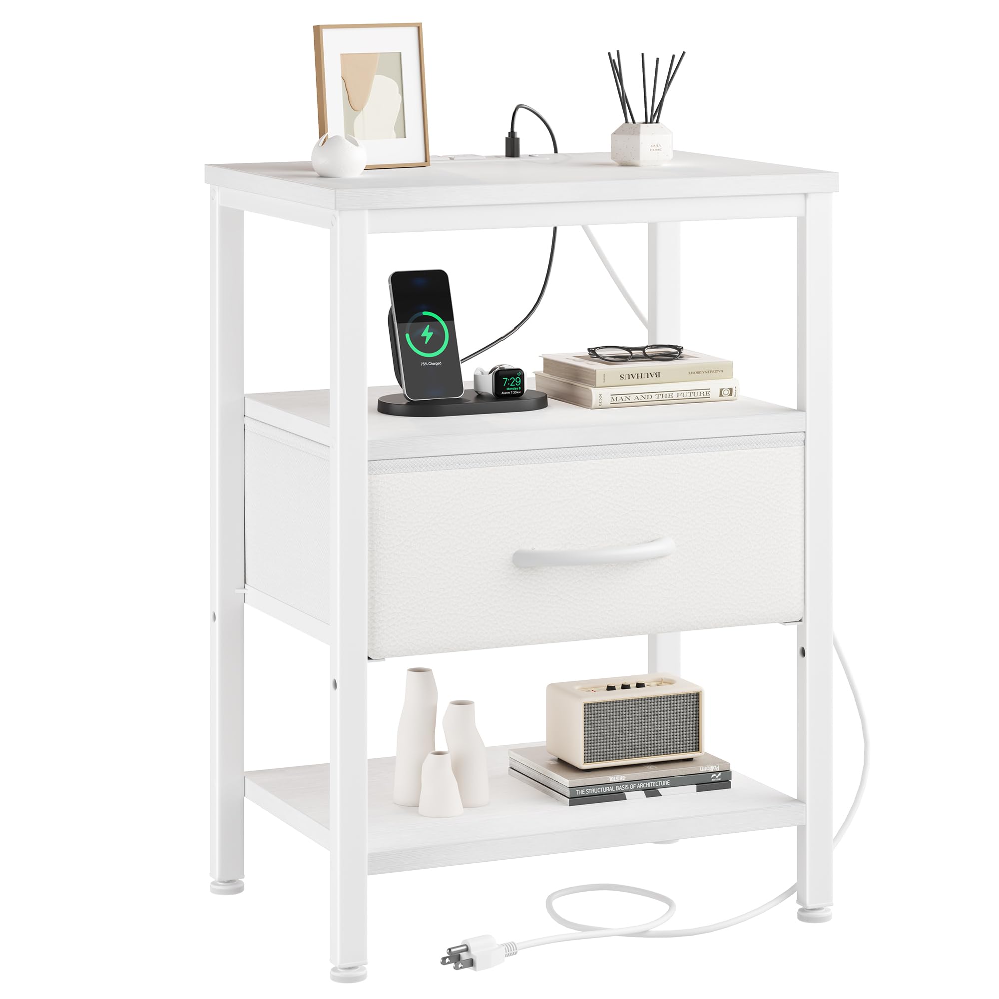 DUMOS bedside table with charging station keeps devices powered and cords organized.