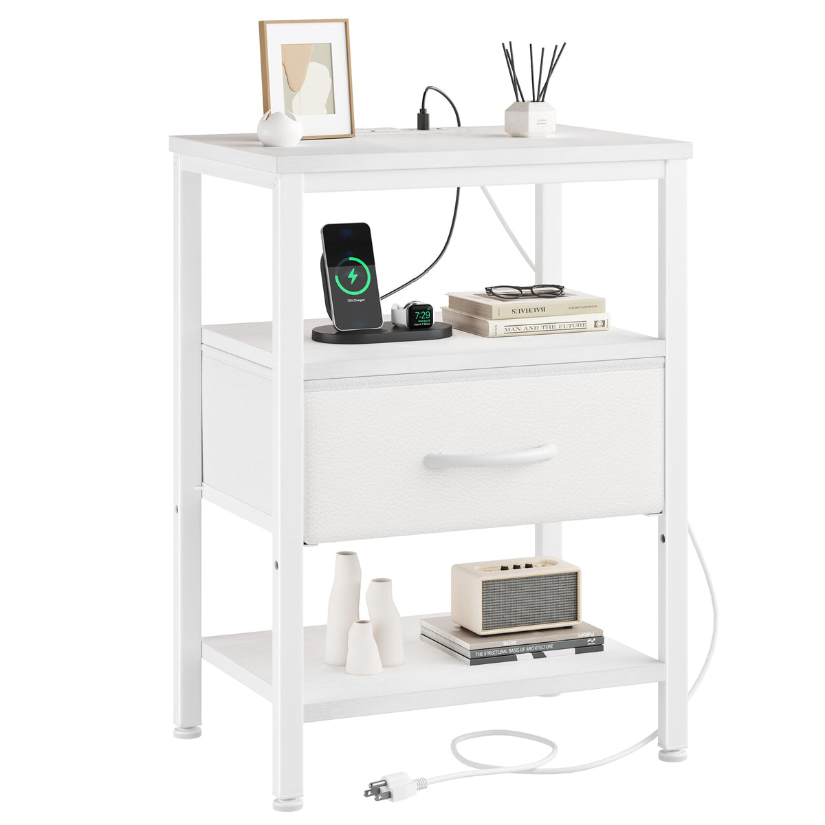 DUMOS bedside table with charging station keeps devices powered and cords organized.
