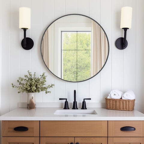 DUMOS black circle mirror over sink enhances lighting for daily grooming.