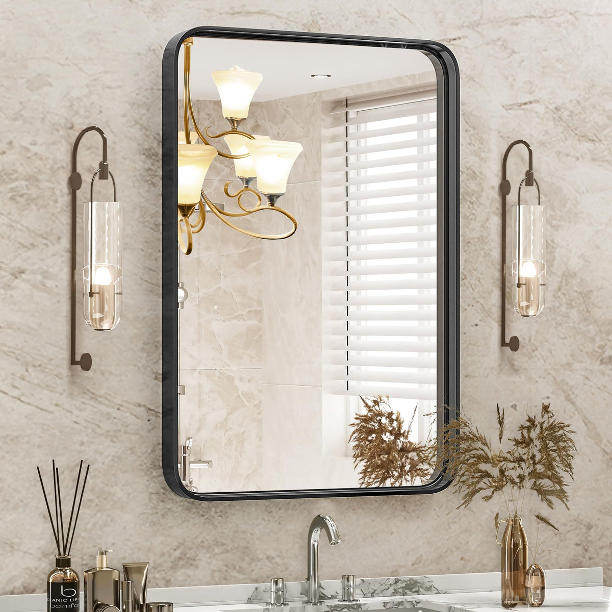DUMOS black metal framed vanity mirror front view for bathroom vanity
