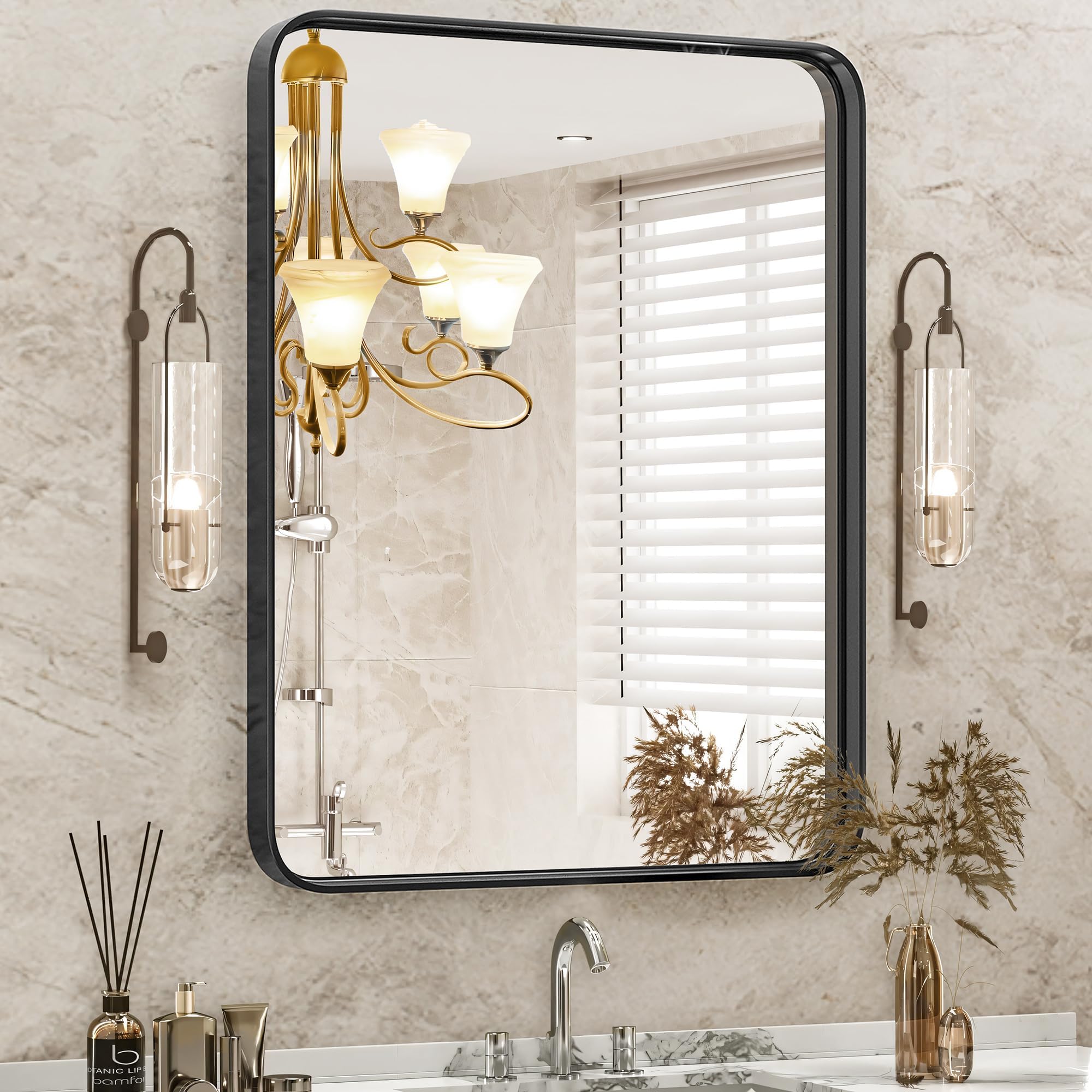 DUMOS black metal framed mirror over sink with matte finish for daily grooming.