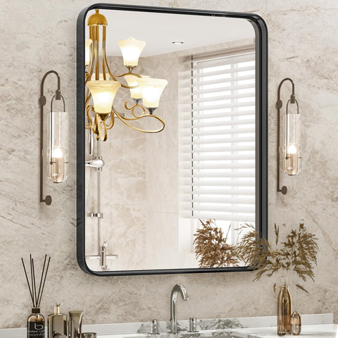DUMOS black metal framed mirror over sink with matte finish for daily grooming.