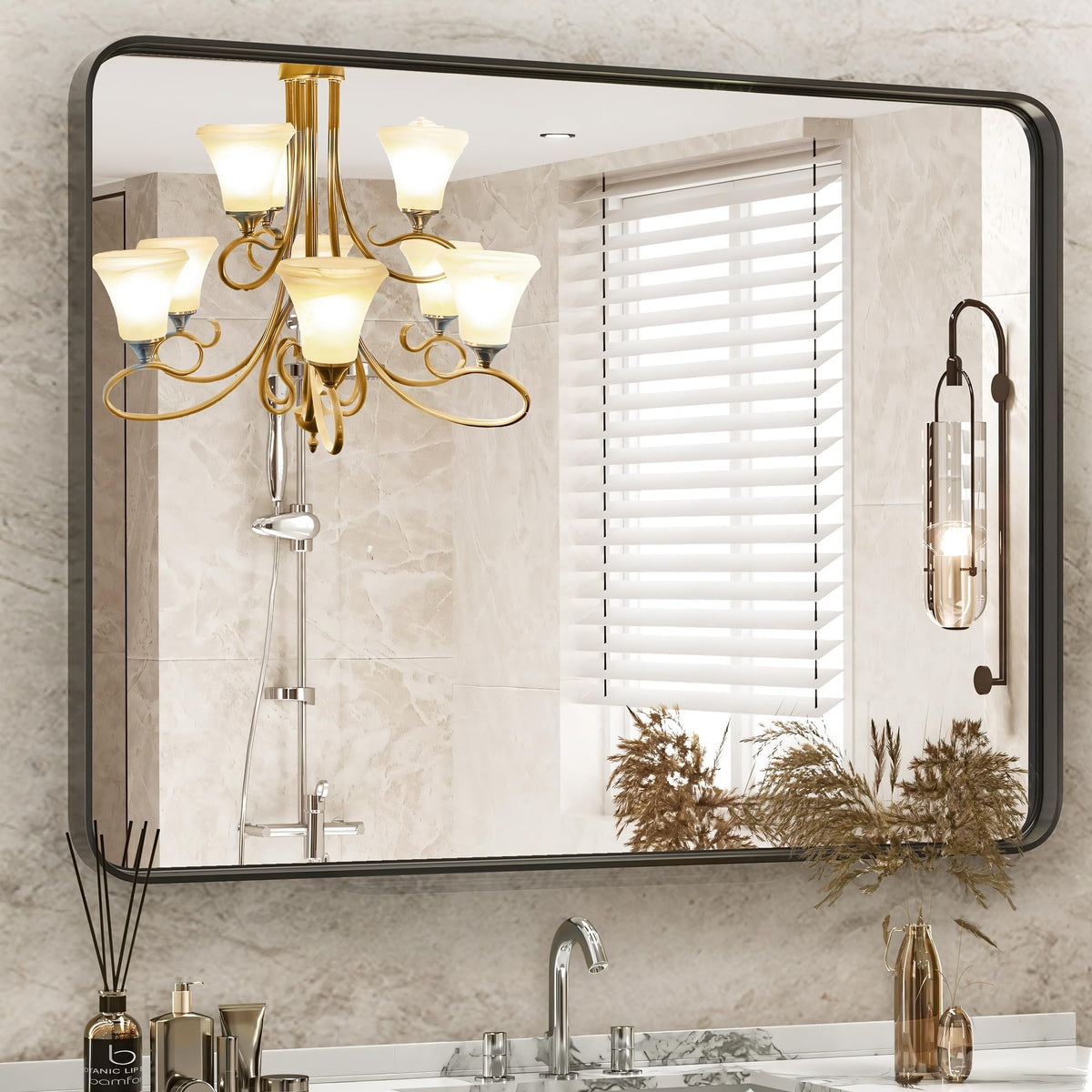 DUMOS black vanity mirror 30x40 for a clear reflection and functional bathroom vanity.
