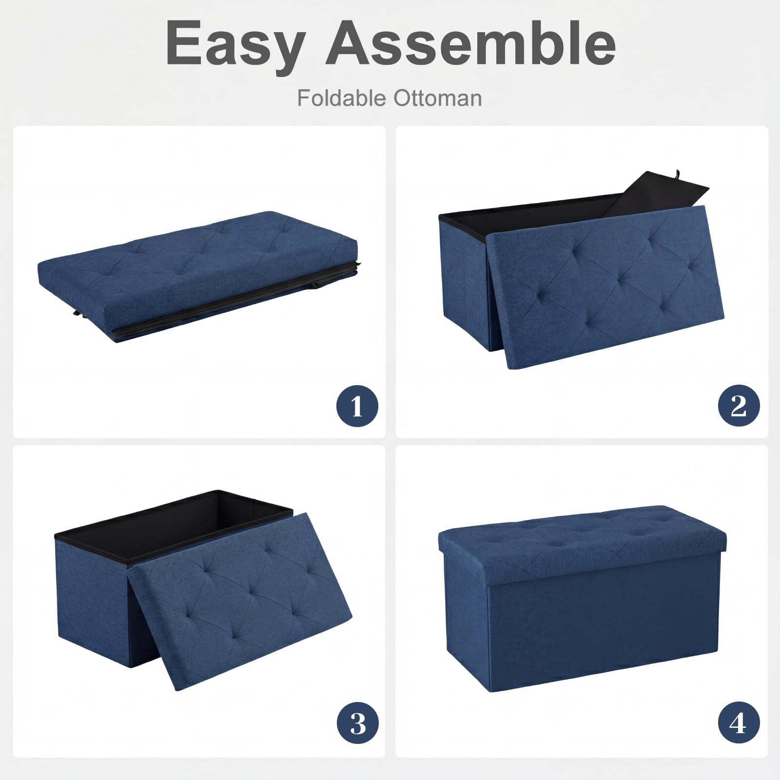DUMOS blue ottoman interior storage space open for organization.