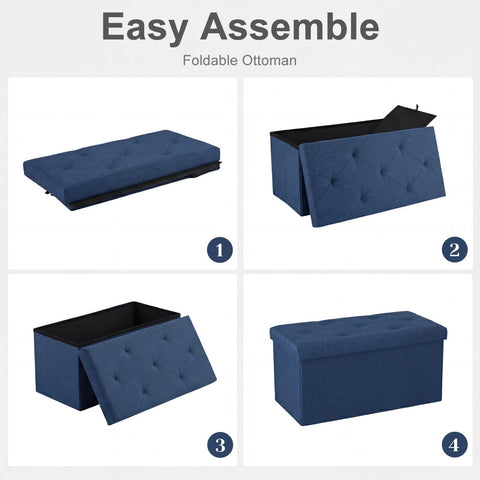 DUMOS blue ottoman interior storage space open for organization.
