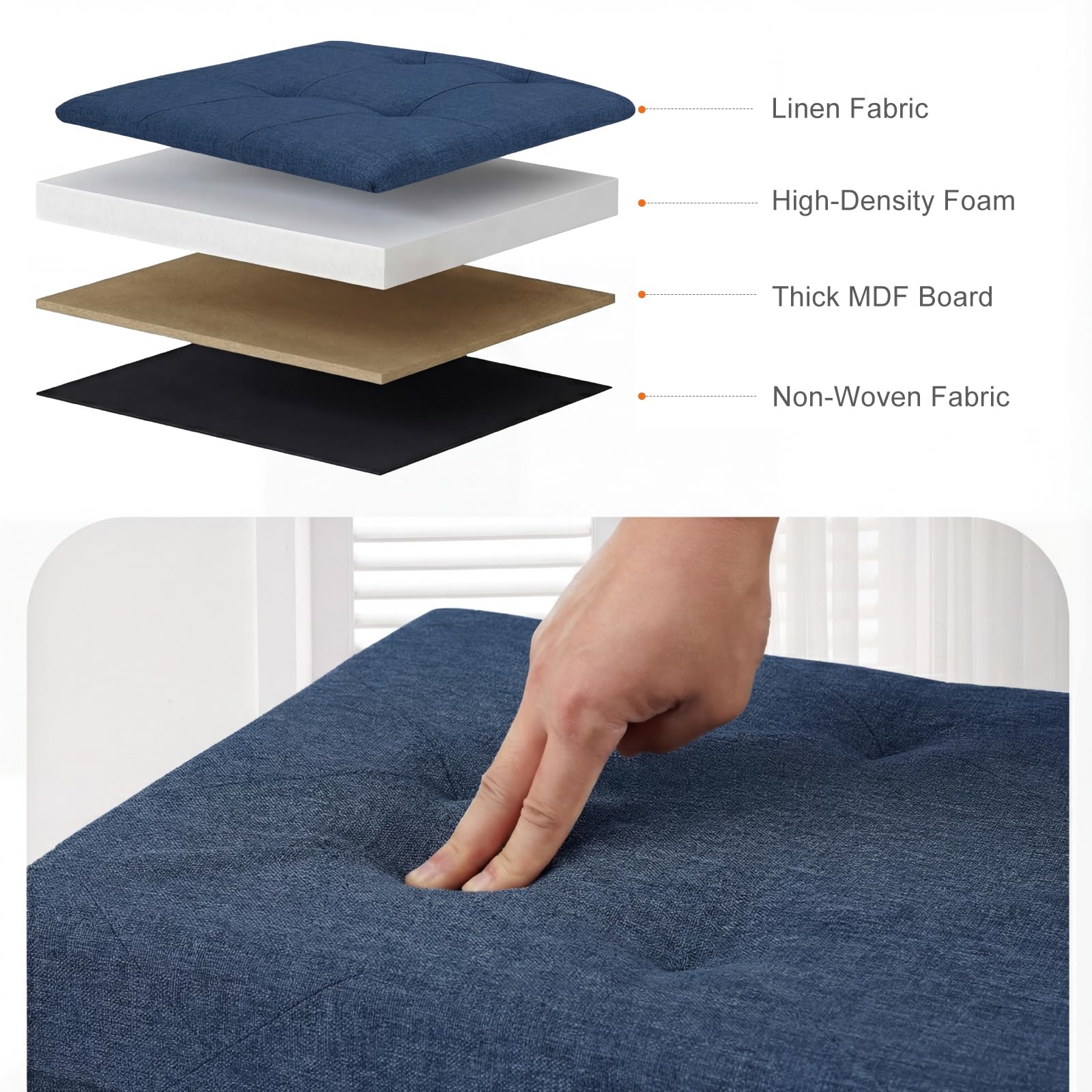 DUMOS blue padded-seat close-up highlighting high-density foam.